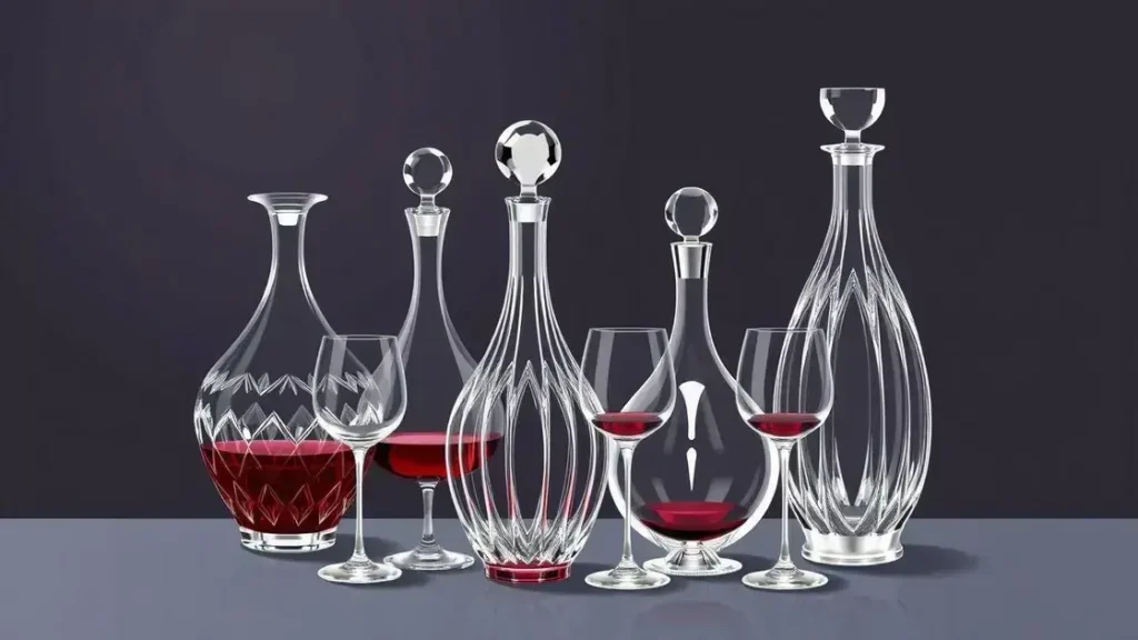 Uma ilustração mostrando a variedade de decantadores de vinho, destacando o design exclusivo de cada um.
